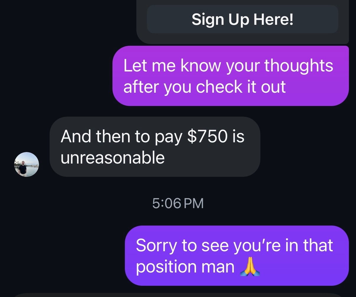 Text conversation showing price objection