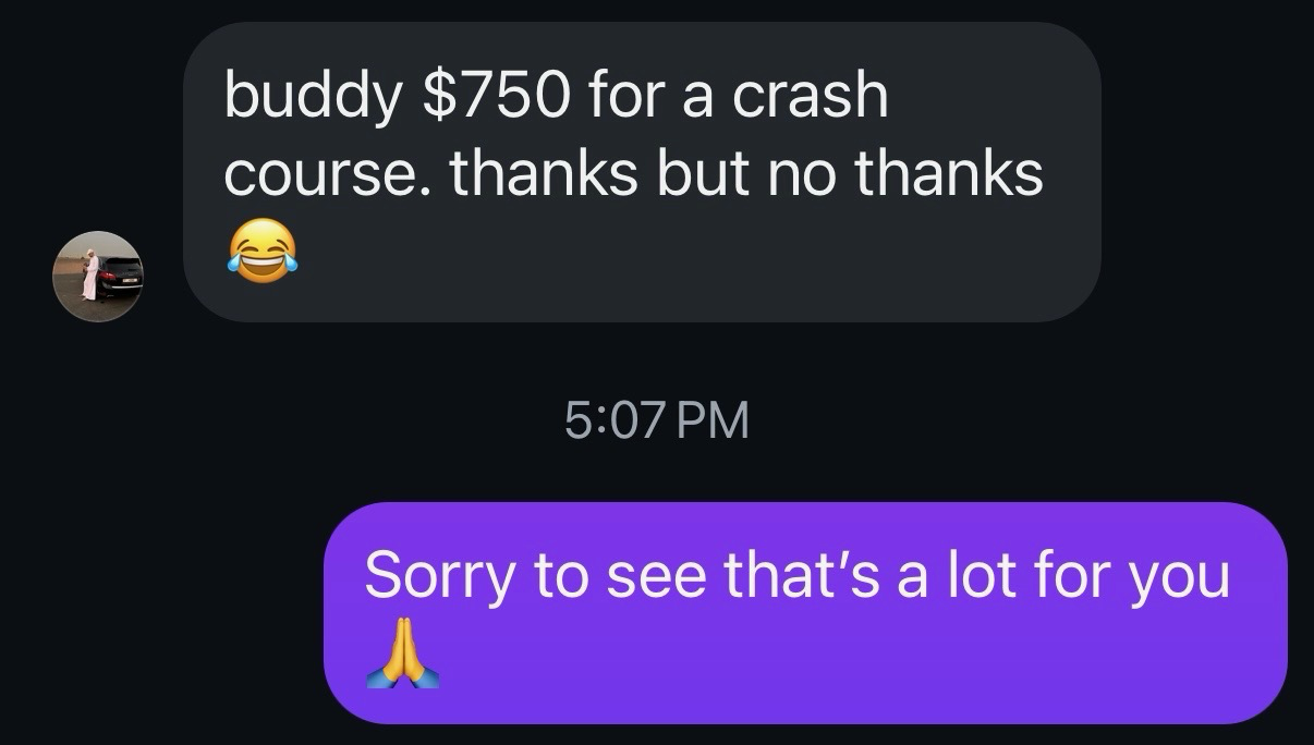 Text conversation showing price objection